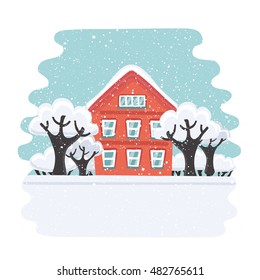 Vector cartoon illustration of red winter house. Family suburban home. Trees an bushes in the snow. It is snowing outside. Snowy landscape