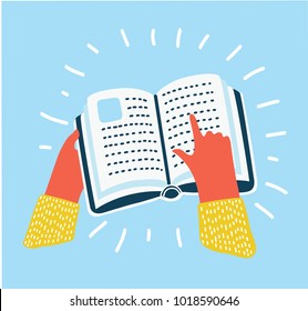 Vector cartoon illustration of Refer symbol, a human hand hold book and point at. Icon in modern colorful style