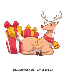 Vector cartoon illustration of reindeer and gifts for Christmas holiday celebration. Christmas decoration design