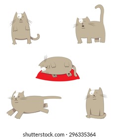 a vector cartoon illustration representing a happy and friendly cartoon cat character, posing in different situations: standing, meowing, sleeping on a red pillow, running and sitting.