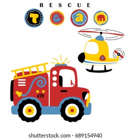 Vector cartoon illustration of rescue vehicles team
