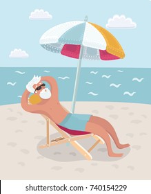 Vector cartoon illustration of Retired man on vacation sitting in beach chair under umbrella and taking sunbath on the beach seacost.