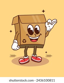 Vector cartoon illustration of retro cardboard shipping box packing character with funny face, perfect for, stickers, posters, t-shirts, mascots, logos, etc