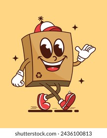 Vector cartoon illustration of retro cardboard box packing character with hat and funny face, perfect for, stickers, posters, t-shirts, mascots, logos, etc