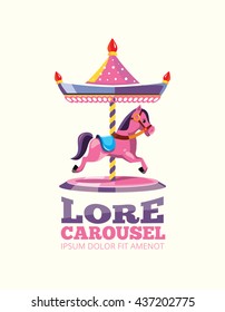 vector cartoon illustration of retro carousel with one pink horse isolated on light background.