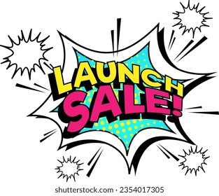 Vector cartoon illustration of a retro comic style launch sale icon