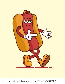 Vector cartoon illustration of retro hot dog character with funny face, perfect for, stickers, posters, t-shirts, mascots, logos, etc