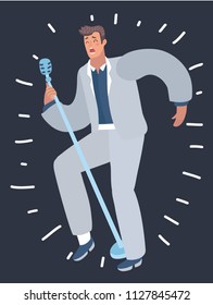 Vector cartoon illustration of Retro singer with microphone on dark background.