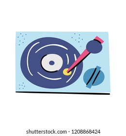Vector cartoon illustration with retro turntable vinyl record player icon. Isolated vintage music gramophone. Cartoon style. Disco party background