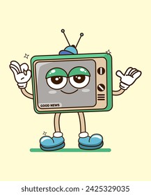 Ilustración de dibujos animados vectoriales de un televisor retro, personaje de televisión con una cara divertida, perfecto para, pegatinas, carteles, camisetas, mascotas, logotipos, etc