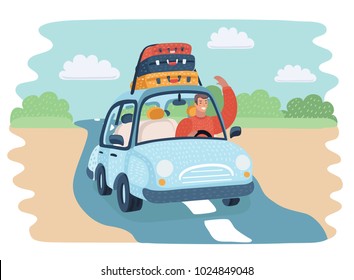 Vector cartoon illustration of Riding on the vehicle on the countryside road. Happy man rides in the car. Suitcases on top. Funny human character.