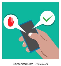 vector cartoon illustration of right hand holding handphone with Yes or no choice.  illustration in vector format