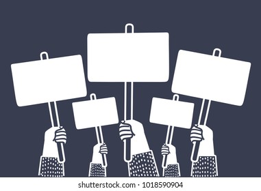 Vector cartoon illustration of riot demonstration, crowd of people with empty posters in they hands with place for text, flat illustration isolated on dark background.