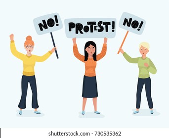 Vector cartoon illustration of riot of woman. Girls hold protest banner in they hands. Angry people on white isolated background