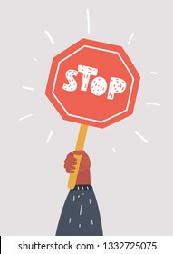 Vector cartoon illustration of Road sign stop hold in hand. Object on white background.