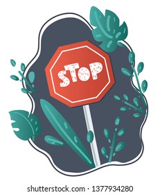 Vector cartoon illustration of Road sign stop. Plant decoration composition.