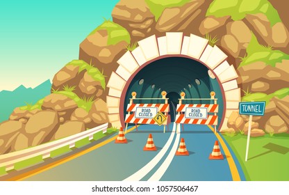 Vector cartoon illustration of roadwork in tunnel, highway. Repair signs, roadblock, detour, traffic cones, underground, grey asphalt with road marking, connector inside the mountain.