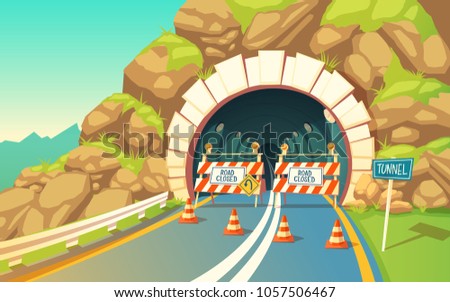 Vector cartoon illustration of roadwork in tunnel, highway. Repair signs, roadblock, detour, traffic cones, underground, grey asphalt with road marking, connector inside the mountain.