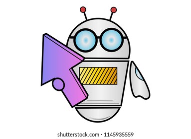 Vector cartoon illustration of Robot with arrow sign. Isolated on white background.