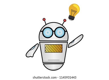 Vector cartoon illustration of Robot with bulb. Isolated on white background.  