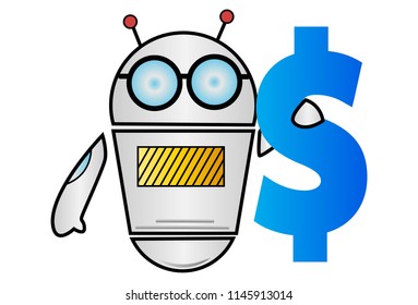 Vector cartoon illustration of Robot with dollar currency sign. Isolated on white background.