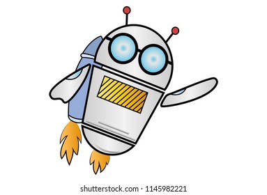 Vector cartoon illustration of Robot flying. Isolated on white background.