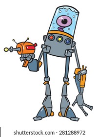 Vector cartoon illustration of robot with large legs and hands with eye in liquid. EyeBot has laser Gun in arm.