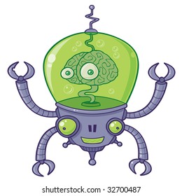 Vector cartoon illustration of a robot with a large brain with eyes in green liquid. BrainBot has four long arms with claws.