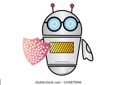 Vector cartoon illustration of Robot with shield. Isolated on white background.