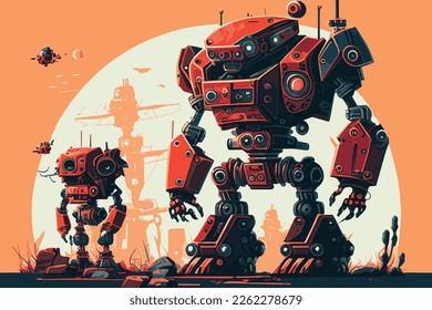 Vector cartoon illustration of robots standing together 