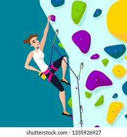 Vector cartoon illustration rock climbing girl flat cartoon style Climbing wall with climbing grips quickdraws rope sportive gitrl in climbing harness activity training competition climbs on up