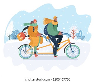 Vector cartoon illustration of Romantic couple riding on tandem bike at the street city on the snowy landscape background. The man and woman drives a bicycle in winter season. Human character outdoor.