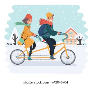 Vector cartoon illustration of Romantic couple riding on tandem bike at the street city on the snowy landscape background. The man and woman drives a bicycle in winter season