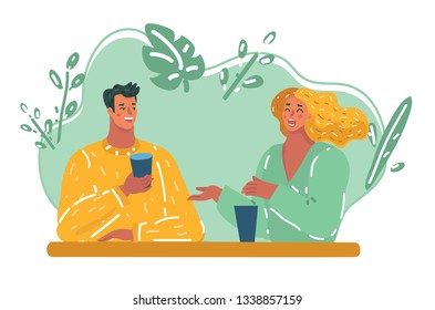 Vector Cartoon Illustration Of Romantic Loving Couple Drinking Coffee, Having A Date In The Cafe.