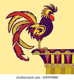 Vector cartoon illustration of a rooster, decorated ornaments. Art stylization story about cock on wall. 
