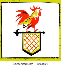 Vector cartoon illustration of a rooster, decorated ornaments. Art stylization story about cock on shield.