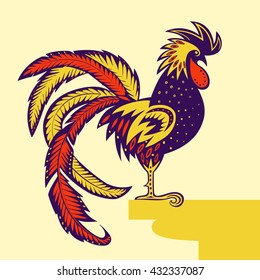 Vector cartoon illustration of a rooster, decorated ornaments. Art stylization cock. 