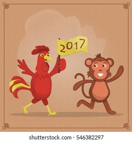 Vector cartoon illustration of rooster running for monkey. Concept of Chinese New Year and outgoing year symbol