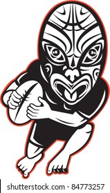 vector cartoon illustration of a Rugby player running wearing Maori mask wearing black on isolated white background