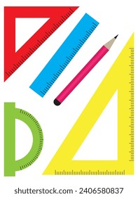 Vector cartoon illustration. Ruler set and pencil isolated icon on white background. Back to school theme.