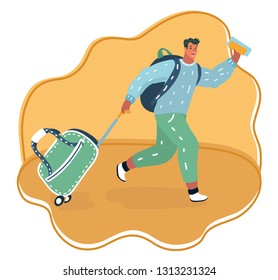 Vector cartoon illustration of run fly man with bag. Man is late for flight.