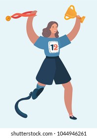 Vector cartoon illustration of a running disabled woman. Hold winter cup and gold medal for first. Girl with the prosthesis runs marathon. Female character on white isolated background.