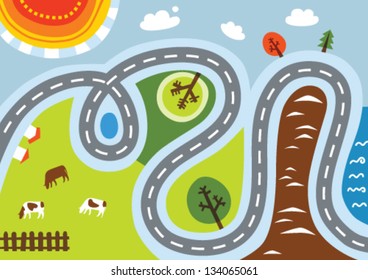 Vector cartoon illustration of a rural landscape with a road