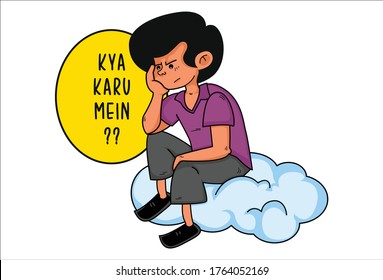 Vector cartoon illustration of sad boy . Kya karu mein Hindi text translation - what i to do. Isolated on white background.