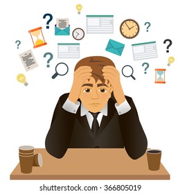 Vector cartoon illustration of a sad man sitting at a table with paper cups of coffee, and in the air flying problems