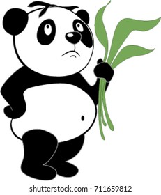 Vector cartoon illustration of a sad panda with bamboo leafs.