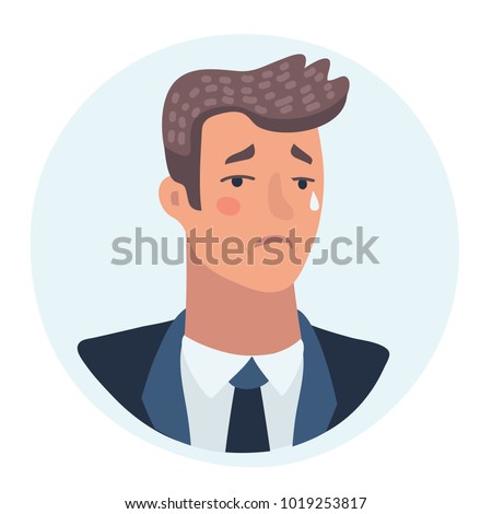 Vector cartoon illustration of sadly crying man face. Tears in his eye. Sad businessman avatar. Depression sadness characters.