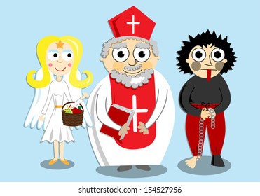 Vector cartoon illustration of Saint Nicholas (Mikulas) that is celebrated in a winter feast e.g. in the Czech Republic or Slovakia./Saint Nicholas, angel and devil/Saint Nicholas, angel and devil.