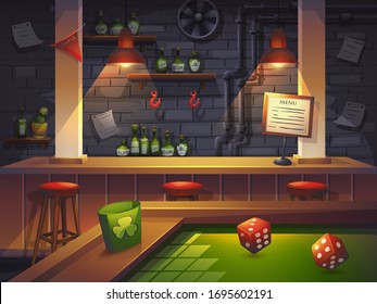 Vector cartoon illustration of saloon with game dice set. Background image for video web game user interface, casino design template for app, web, advertising, mock up