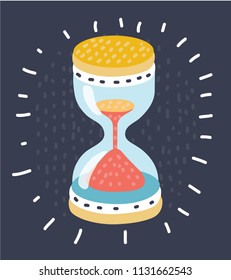 Vector cartoon illustration of Sand running through the bulbs of an hourglass measuring. Object on dark background.